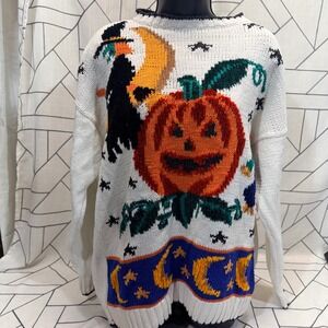 Golden Touch Vintage Halloween Sweater Large Pumpkin Witch Scarecrow Knit READ